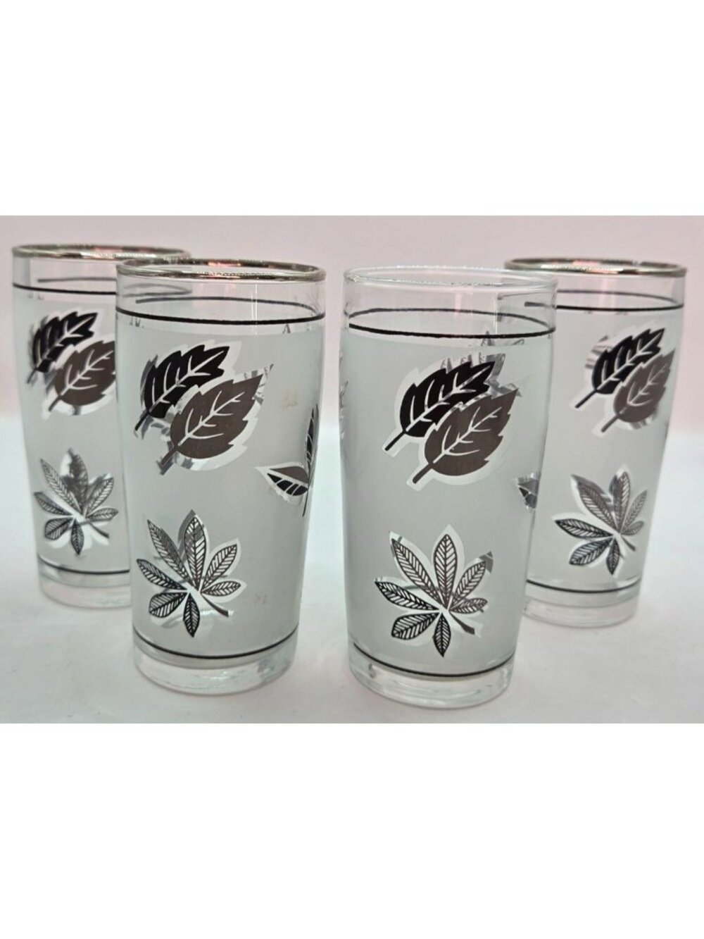 Vtg Silver Leaf Foliage Highball Glasses Metallic Rim 4" Tall Set of 4 MCM - Picture 3 of 6